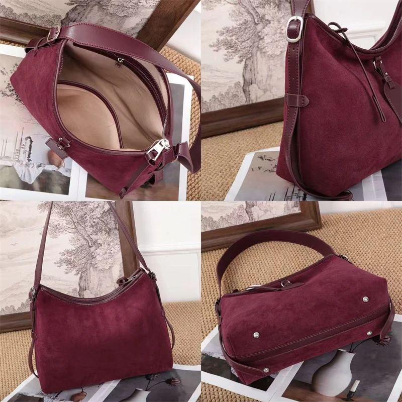 BURMINSA Suede Genuine Leather Hobo Shoulder Bags For Women Luxury Designer Soft Bucket Tote Elegant Messenger Ladies Handbags
