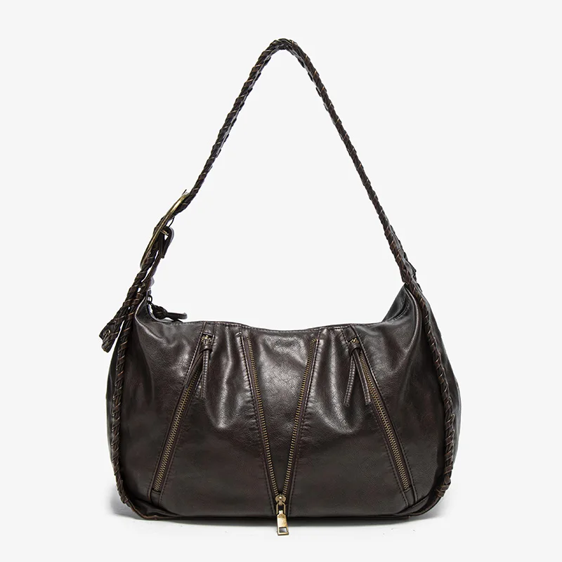 Venn Angel Vintage Handbag Black Hobo Bag for Women, Soft Faux Leather Shoulder Bag with Braided Strap & Multi-Zipper Pockets