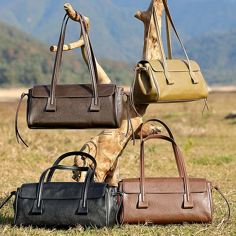 BURMINSA Luxury Genuine Leather Handbags Women French Vintage Underarm Shoulder Bags Cowhide Satchel Tote Pillow Office Purses