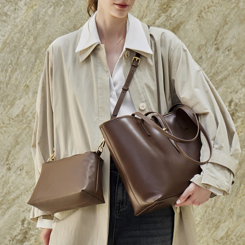 BURMINSA 2 Pcs/Set Genuine Leather Tote Bags For Women Minimalist Shoulder Purse Large Capacity Office Commuter Shopper Handbags
