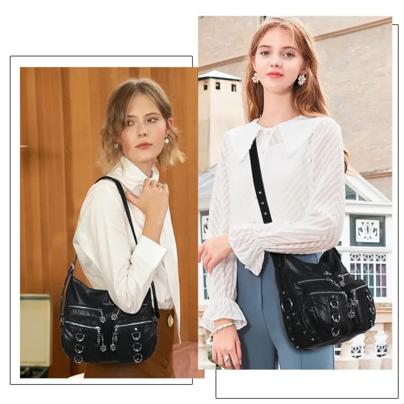 Women's Bag PU Shoulder Bag Soft Fashion Handbag Large Vintage Black Dyeing Dumpling Pack Multi-pockets Crossbody Bag