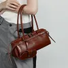 BURMINSA Luxury Genuine Leather Underarm Shoulder Bags For Women Retro Designer Cowhide Boston Tote Purse Office Ladies Handbags