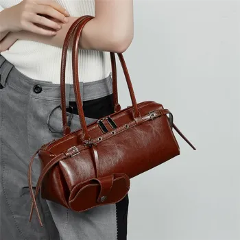 BURMINSA Luxury Genuine Leather Underarm Shoulder Bags For Women Retro Designer Cowhide Boston Tote Purse Office Ladies Handbags