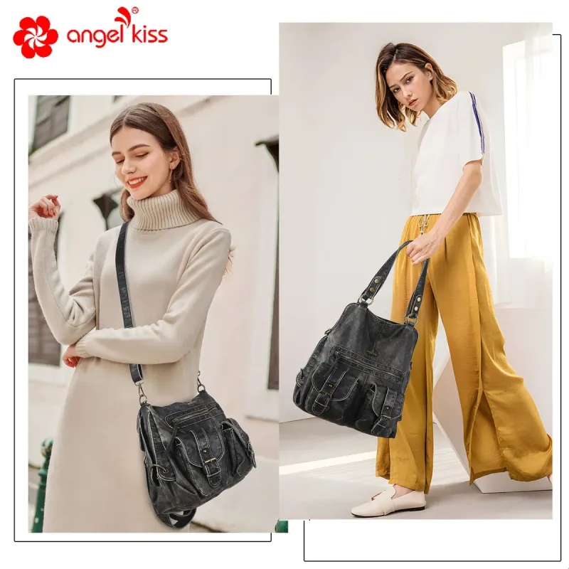 Angel kiss Shoulder Bag Fashion Women's Handbag Vintage PU Satchel Top-Handle Dumpling Shape Multi-Pockets Fashion Crossbody Bag