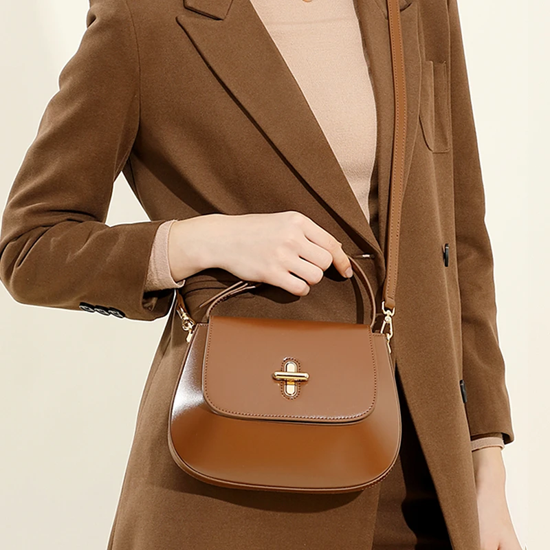 BURMINSA Genuine Leather Half Moon Bags For Women Luxury Designer Shoulder Crossbody Bags Elegant Top Handle Purses Office Lady