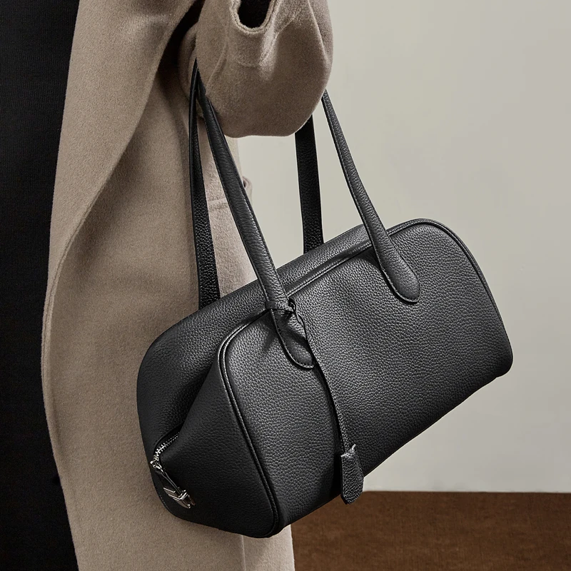 BURMINSA Luxury Genuine Leather Boston Shoulder Bags For Women 2026 Elegant Designer Satchel Tote Purse Office Underarm Handbags