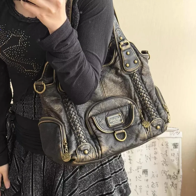 Retro Washed Leather Tote Bag Distressed Braided Detail Shoulder Bag Purse with Antique Gold Hardware Large Hobo Handbag