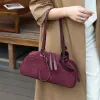 BURMINSA Luxury Genuine Suede Leather Shoulder Bags For Women Vintage Underarm Purses Designer Bowling Tote Office Work Handbags