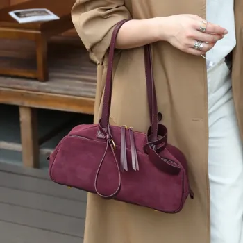 BURMINSA Luxury Genuine Suede Leather Shoulder Bags For Women Vintage Underarm Purses Designer Bowling Tote Office Work Handbags