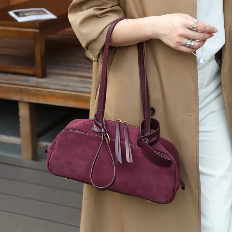 BURMINSA Luxury Genuine Suede Leather Shoulder Bags For Women Vintage Underarm Purses Designer Bowling Tote Office Work Handbags