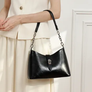BURMINSA Luxury Genuine Leather Handbags For Women 2026 Designer Glossy Chain Shoulder Bags Oil Wax Crossbody Purses Hobo Totes