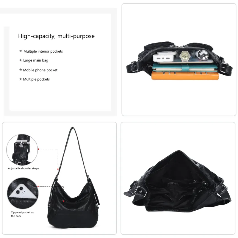 Women's Bag PU Shoulder Bag Soft Fashion Handbag Large Vintage Black Dyeing Dumpling Pack Multi-pockets Crossbody Bag