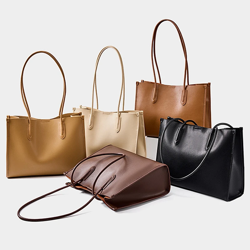 BURMINSA Luxury Genuine Leather Tote Bags For Women Elegant Cowhide Business Commuter Handbags Large Capacity Work Shoulder Bags