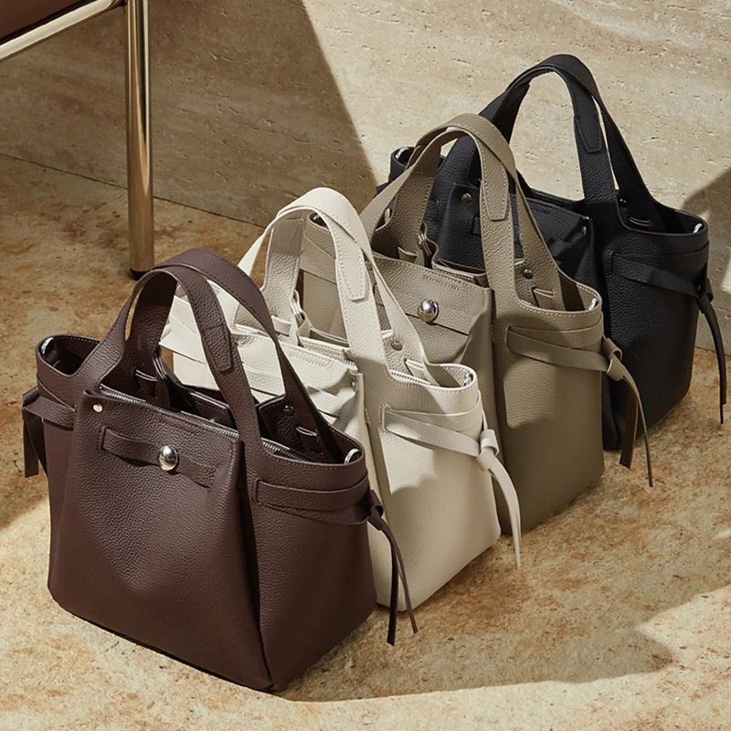 BURMINSA Luxury Genuine Leather Bucket Shoulder Bags For Women Vintage Top Grain Cowhide Crossbody Totes Work Ladies Handbags