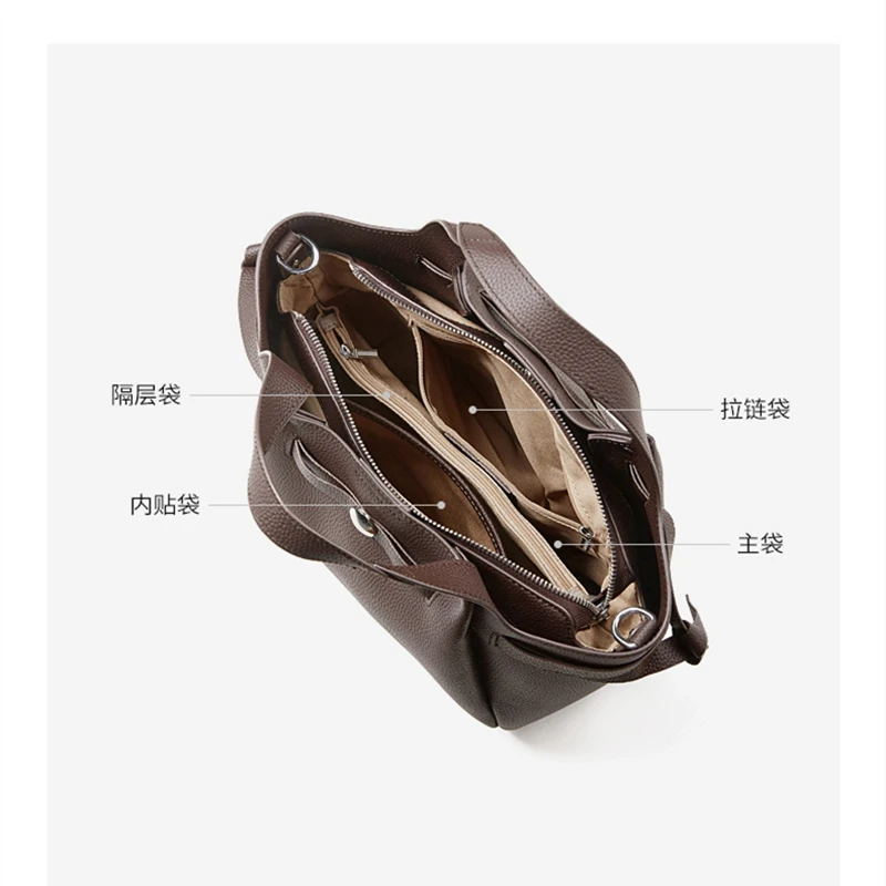BURMINSA Luxury Genuine Leather Bucket Shoulder Bags For Women Vintage Top Grain Cowhide Crossbody Totes Work Ladies Handbags