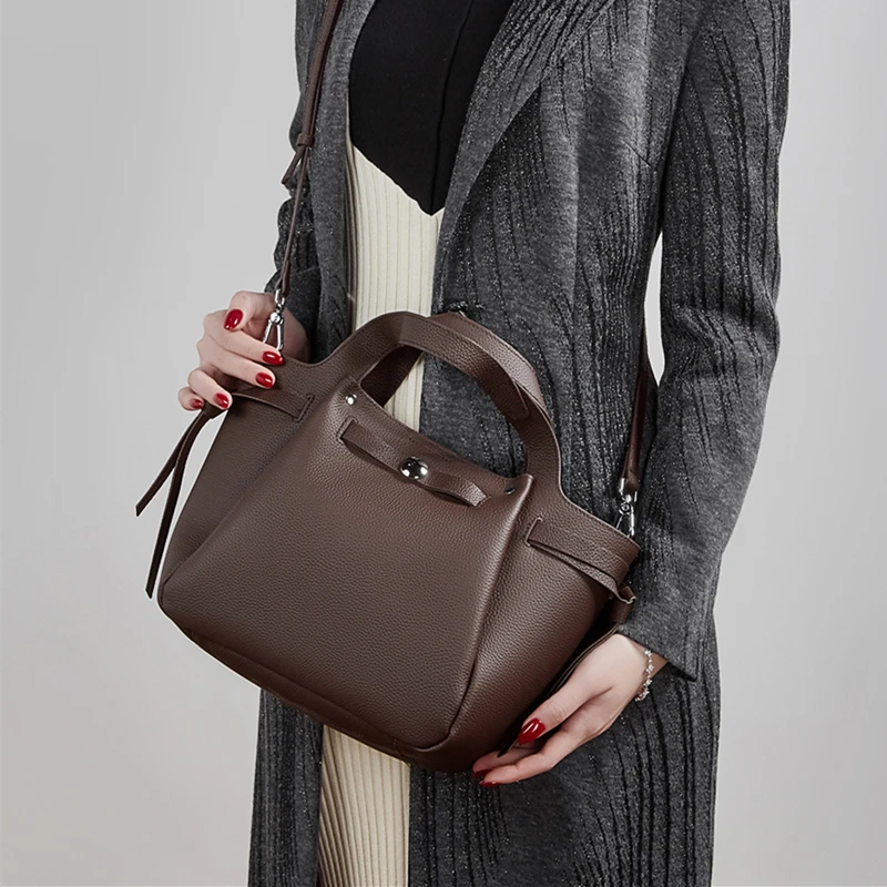 BURMINSA Luxury Genuine Leather Bucket Shoulder Bags For Women Vintage Top Grain Cowhide Crossbody Totes Work Ladies Handbags