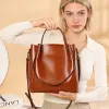 BURMINSA Vintage Genuine Leather Bucket Bags For Women Luxury Office Commute Top Handle Tote Elegant Shoulder Crossbody Handbags