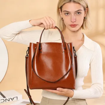 BURMINSA Vintage Genuine Leather Bucket Bags For Women Luxury Office Commute Top Handle Tote Elegant Shoulder Crossbody Handbags