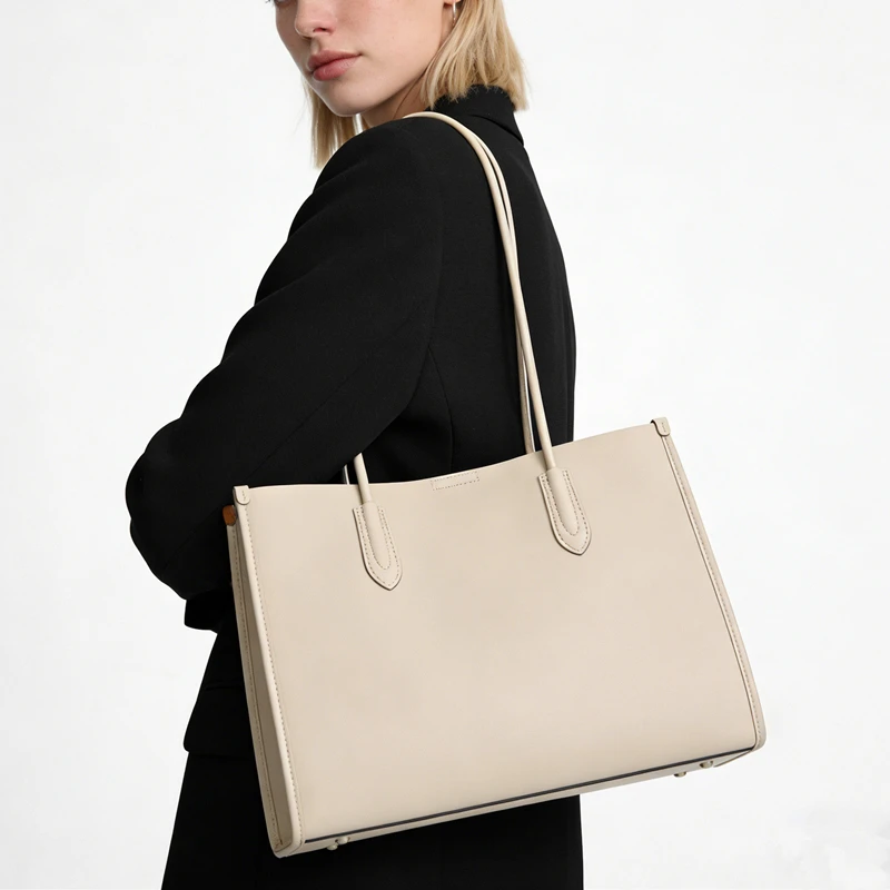 BURMINSA Luxury Genuine Leather Tote Bags For Women Elegant Cowhide Business Commuter Handbags Large Capacity Work Shoulder Bags