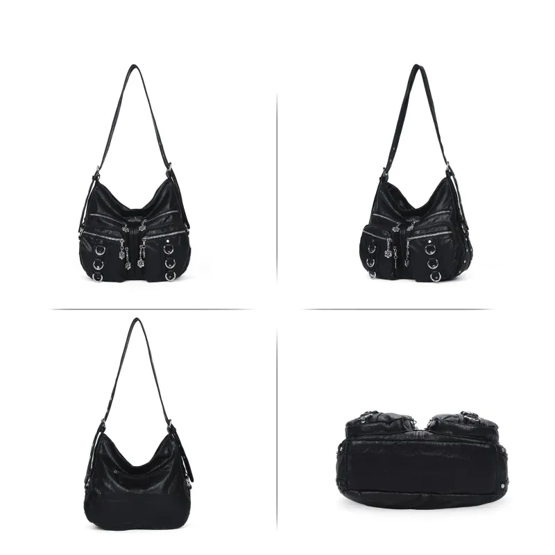 Women's Bag PU Shoulder Bag Soft Fashion Handbag Large Vintage Black Dyeing Dumpling Pack Multi-pockets Crossbody Bag