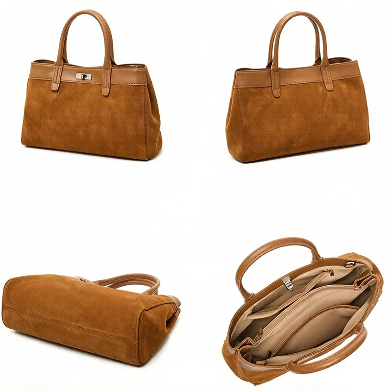 BURMINSA Genuine Leather Suede Tote Bags Women Luxury Metal Clasp Top Handle Shoulder Crossbody Bags Retro Office Work Handbags