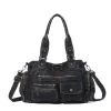 Vintage Washed Black Multi-Pocket Satchel Bag, Large Capacity Convertible Crossbody Shoulder Handbag with Detachable Strap