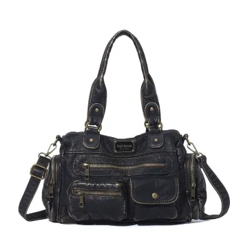 Vintage Washed Black Multi-Pocket Satchel Bag, Large Capacity Convertible Crossbody Shoulder Handbag with Detachable Strap