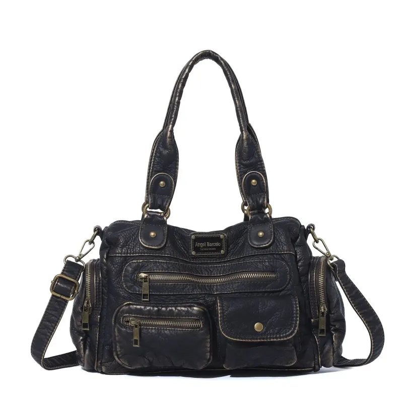 Vintage Washed Black Multi-Pocket Satchel Bag, Large Capacity Convertible Crossbody Shoulder Handbag with Detachable Strap