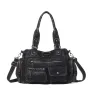 Vintage Washed Black Multi-Pocket Satchel Bag, Large Capacity Convertible Crossbody Shoulder Handbag with Detachable Strap
