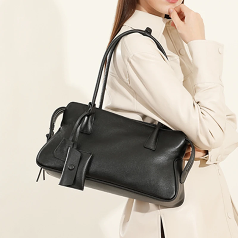 BURMINSA Luxury Genuine Leather Underarm Shoulder Bags For Women Vintage Top Handle Cowhide Boston Purses Office Ladies Handbags