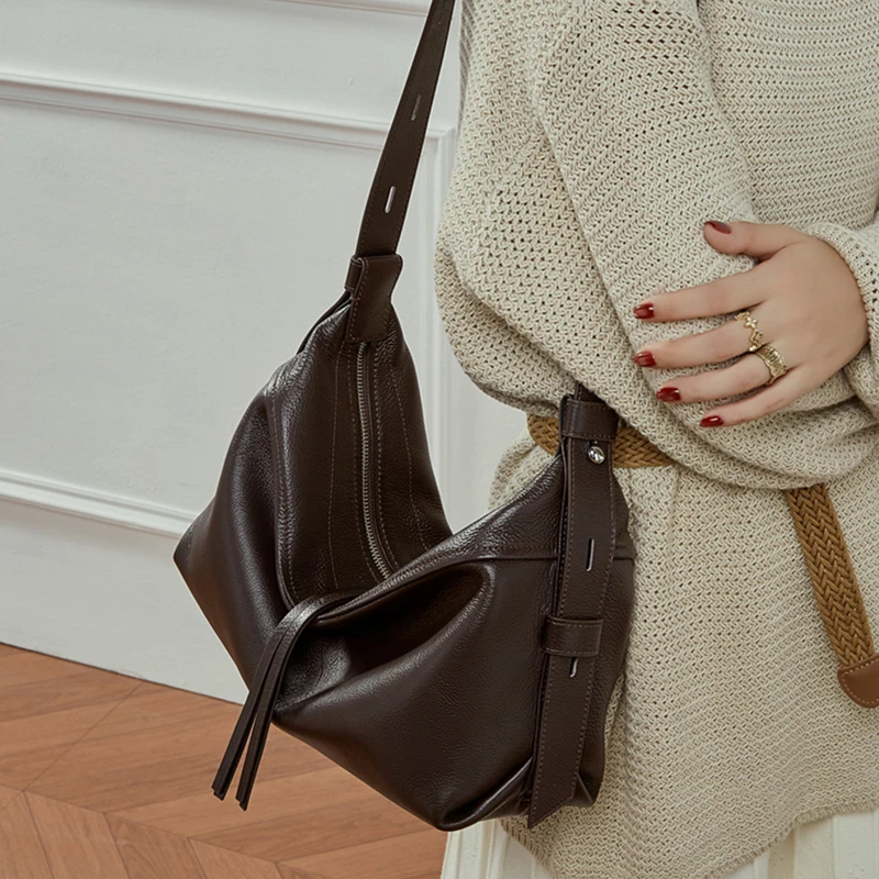 Burminsa Cowhide Genuine Leather Soft Hobo Shoulder Bags For Women 2026 Luxury Designer Crossbody Shopper Work Ladies Handbags