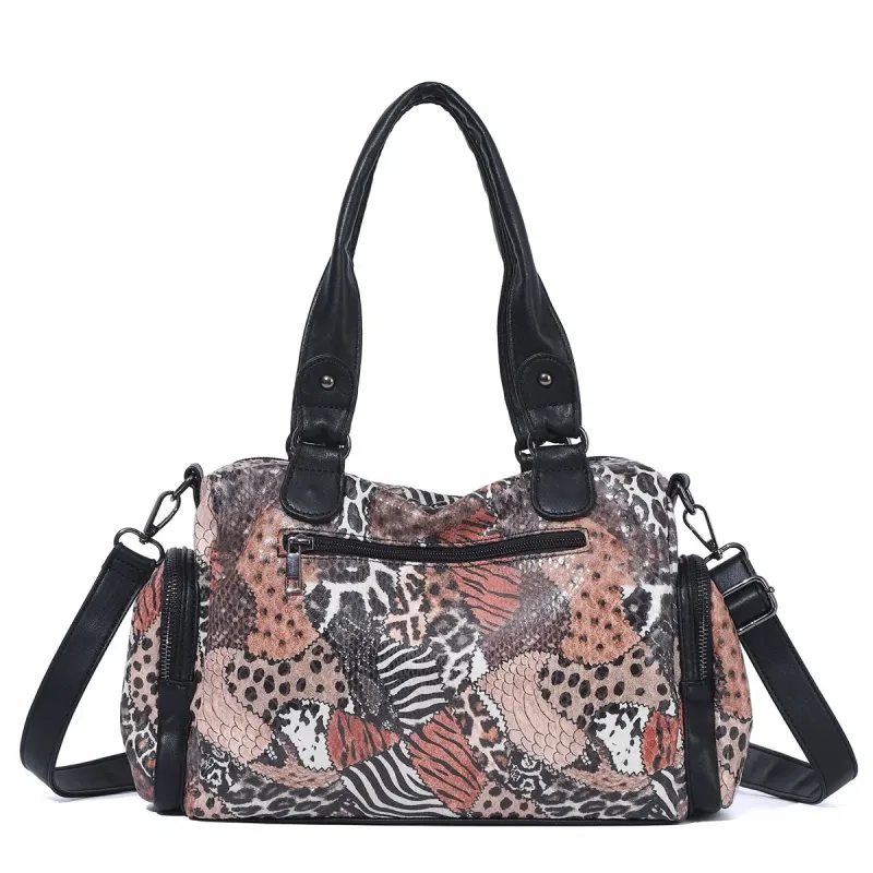 Vintage Washed Black Multi-Pocket Satchel Bag, Large Capacity Convertible Crossbody Shoulder Handbag with Detachable Strap