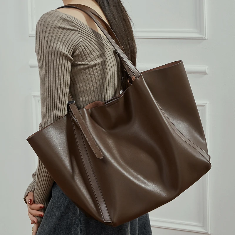 Burminsa Vintage Cow Genuine Leather Large Tote Shoulder Bags For Women 2026 Luxury Designer Korean Shopper Work Ladies Handbags