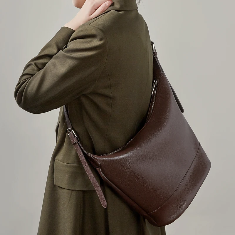 BURMINSA Luxury Genuine Leather Bucket Shoulder Bags For Women Designer Hobo Crossbody Purse Large Capacity Work Ladies Handbags