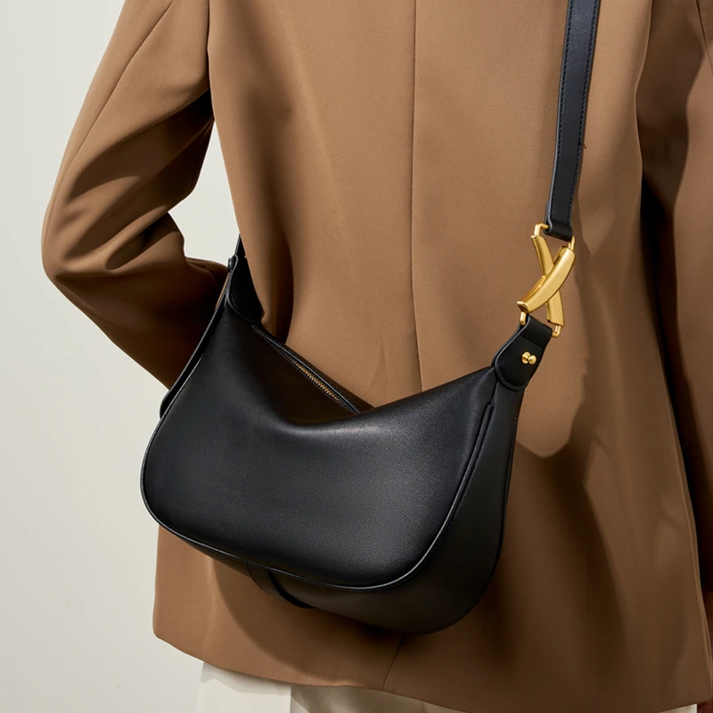 Burminsa Cowhide Genuine Leather Underarm Shoulder Bags For Women 2026 Luxury Designer Crescent Purses Half Moon Ladies Handbags