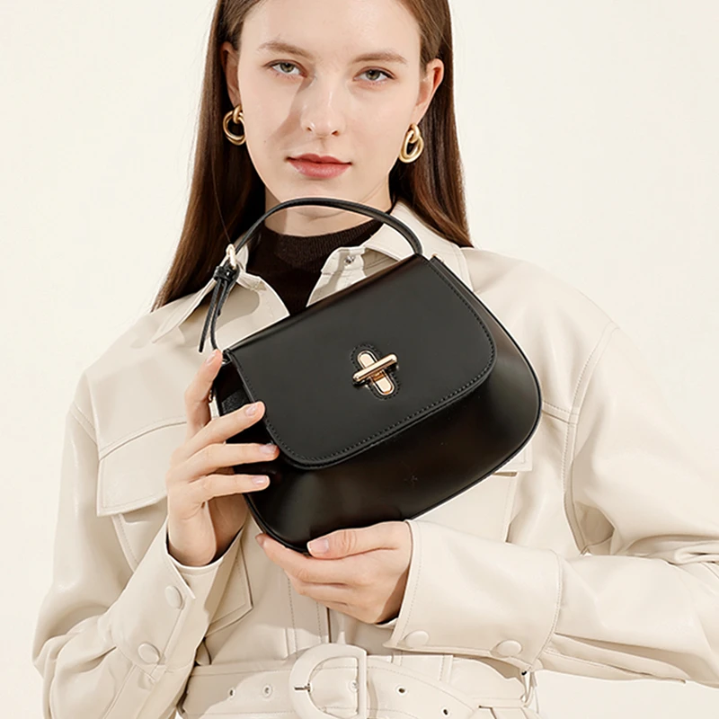 BURMINSA Genuine Leather Half Moon Bags For Women Luxury Designer Shoulder Crossbody Bags Elegant Top Handle Purses Office Lady
