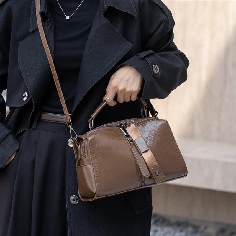 Burminsa Cowhide Genuine Leather Pillow Tote Handbags For Women 2026 Trend Designer Wide Strap Ladies Shoulder Crossbody Bags