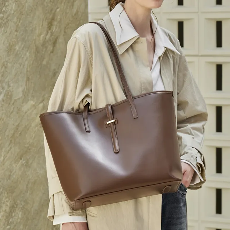 BURMINSA 2 Pcs/Set Genuine Leather Tote Bags For Women Minimalist Shoulder Purse Large Capacity Office Commuter Shopper Handbags