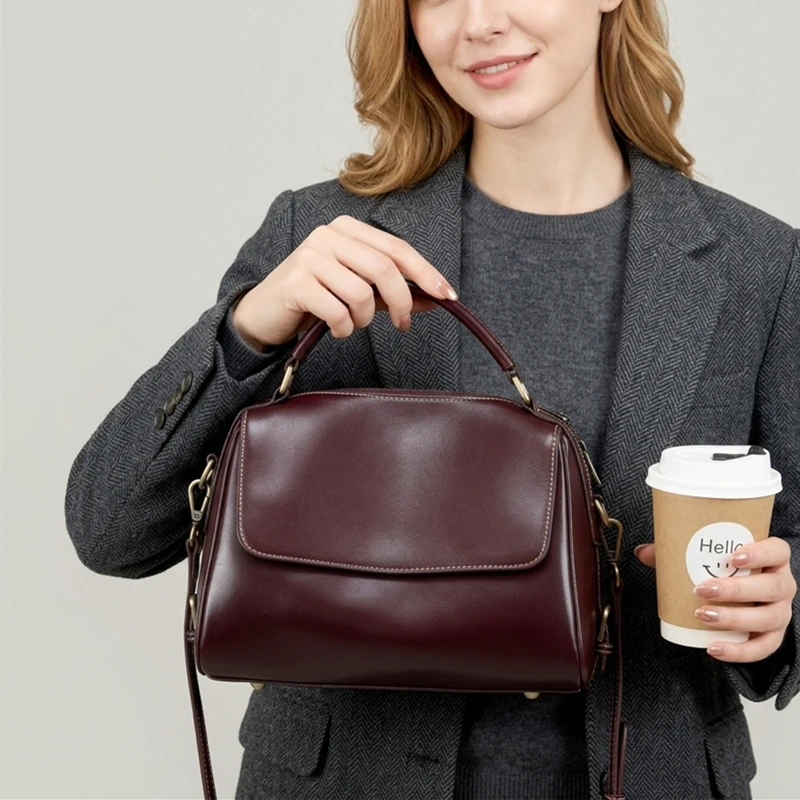 BURMINSA Luxury Genuine Leather Satchel Handbags Women Designer Cowhide Office Work Purses Retro Pillow Shoulder Crossbody Bags