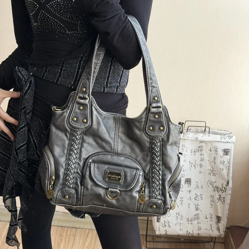 Retro Washed Leather Tote Bag Distressed Braided Detail Shoulder Bag Purse with Antique Gold Hardware Large Hobo Handbag