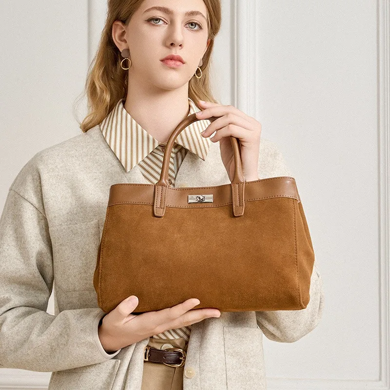 BURMINSA Genuine Leather Suede Tote Bags Women Luxury Metal Clasp Top Handle Shoulder Crossbody Bags Retro Office Work Handbags