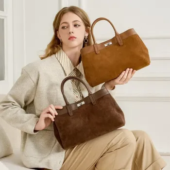 BURMINSA Genuine Leather Suede Tote Bags Women Luxury Metal Clasp Top Handle Shoulder Crossbody Bags Retro Office Work Handbags