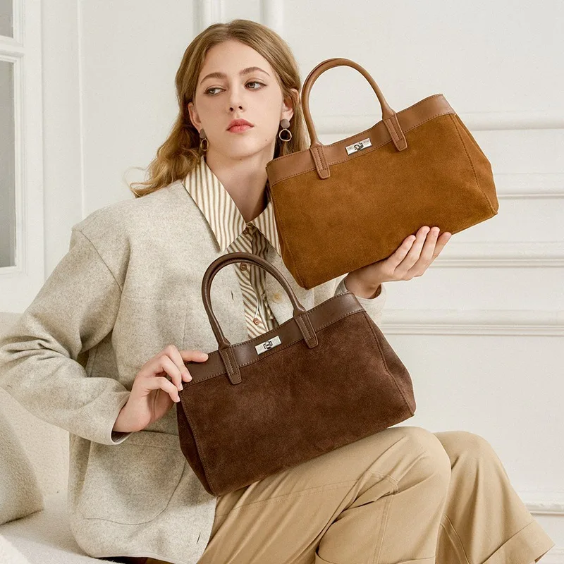 BURMINSA Genuine Leather Suede Tote Bags Women Luxury Metal Clasp Top Handle Shoulder Crossbody Bags Retro Office Work Handbags