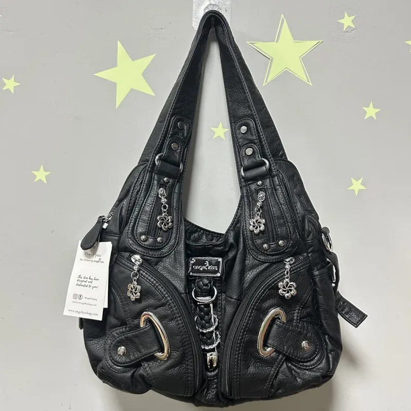 Angel kiss Women Handbags Fashion Shoulder Bag Large Black Tote Top-handle Shopping Pack Multiple Pockets Satchel Lady Purse