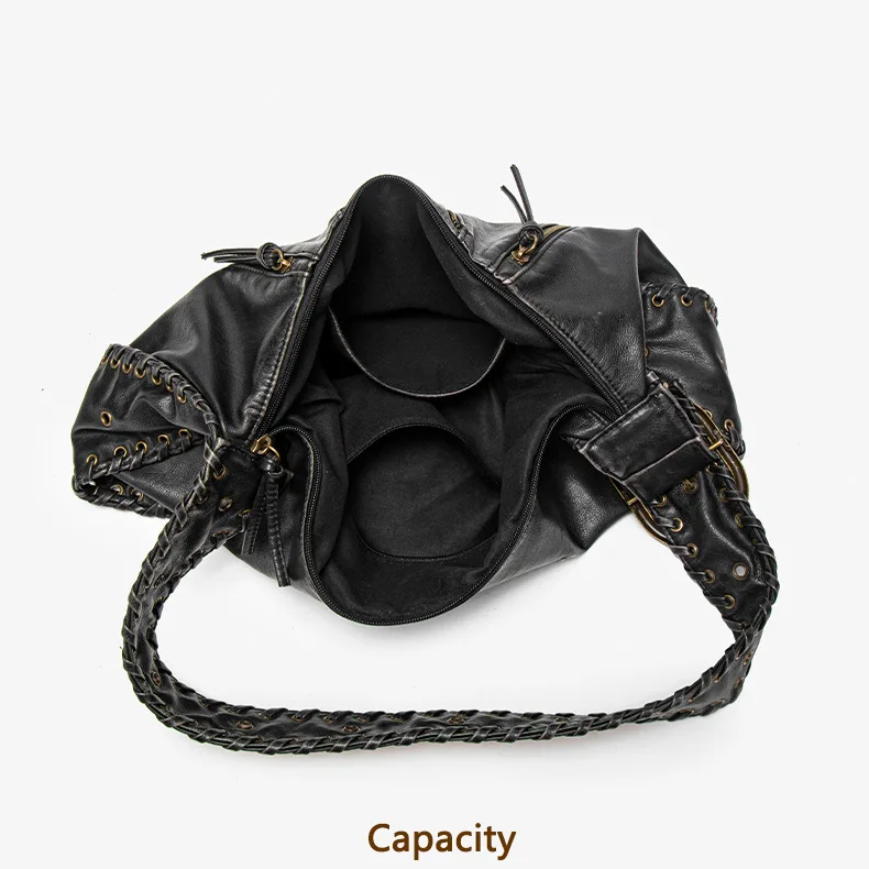 Venn Angel Vintage Handbag Black Hobo Bag for Women, Soft Faux Leather Shoulder Bag with Braided Strap & Multi-Zipper Pockets
