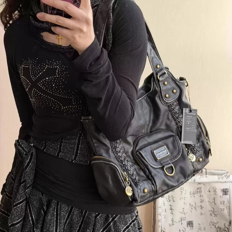 Vintage Distressed Leather Tote Bag, Retro Braided Shoulder Bag with Antique Brass Hardware, Multi-Pocket Hobo Handbag for Women