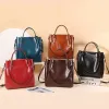 BURMINSA Vintage Genuine Leather Bucket Bags For Women Luxury Office Commute Top Handle Tote Elegant Shoulder Crossbody Handbags