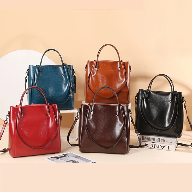 BURMINSA Vintage Genuine Leather Bucket Bags For Women Luxury Office Commute Top Handle Tote Elegant Shoulder Crossbody Handbags