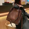 BURMINSA Vintage Genuine Leather Bucket Bags For Women Luxury Office Commute Top Handle Tote Elegant Shoulder Crossbody Handbags