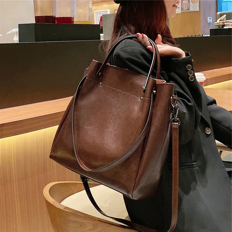 BURMINSA Vintage Genuine Leather Bucket Bags For Women Luxury Office Commute Top Handle Tote Elegant Shoulder Crossbody Handbags